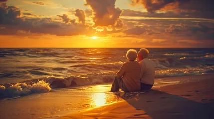 Foto op Canvas An elderly couple enjoying a sunset on the beach. Elderly Couple Sunset Beach Scenic Relaxation Nature Outdoors Peaceful Romantic. © Papisut