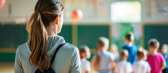 teacher female instructing children in modern school sport