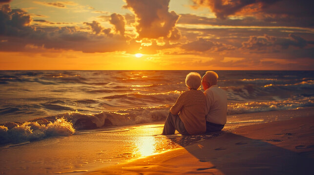 An elderly couple enjoying a sunset on the beach. Elderly Couple Sunset Beach Scenic Relaxation Nature Outdoors Peaceful Romantic.