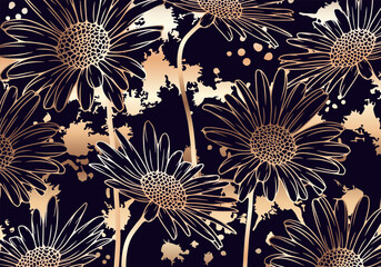 Brown luxury floral design with golden daisy flower. Luxury floral poster, banner, cover design. Vector illustration.