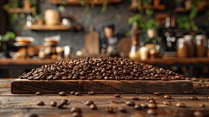 Coffee Beans on Rustic Wooden Table
