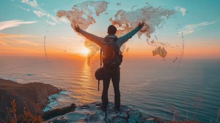 Fototapeta premium Man happy and free at beach traveling in nature
