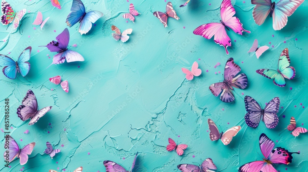 Wall mural a painting of many butterflies on a blue background