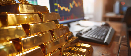 An investors desk with a computer displaying gold stock trading platforms. investment finance
