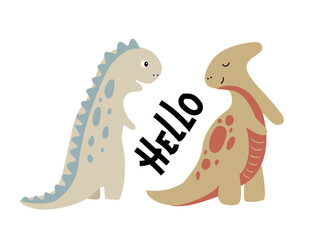 Hello dino lettering with couple of dinosaurs. Cute dino boy and dino girl introduce oneself. Doodle design for girls, kids. Hand drawn funny children's illustration for fashion clothes, fabric.