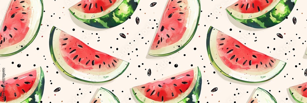 Fototapete a close-up image of several slices of watermelon with seeds, arranged against a white background. th