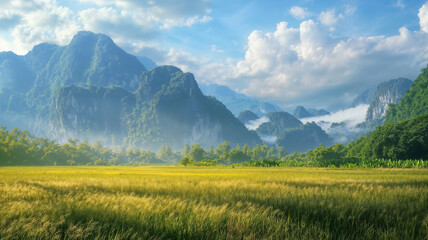 Beautiful landscape with mountains and fields in Thailand on a sunny summer day