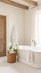 A modern bathroom features a white freestanding tub, wood trim, and a window