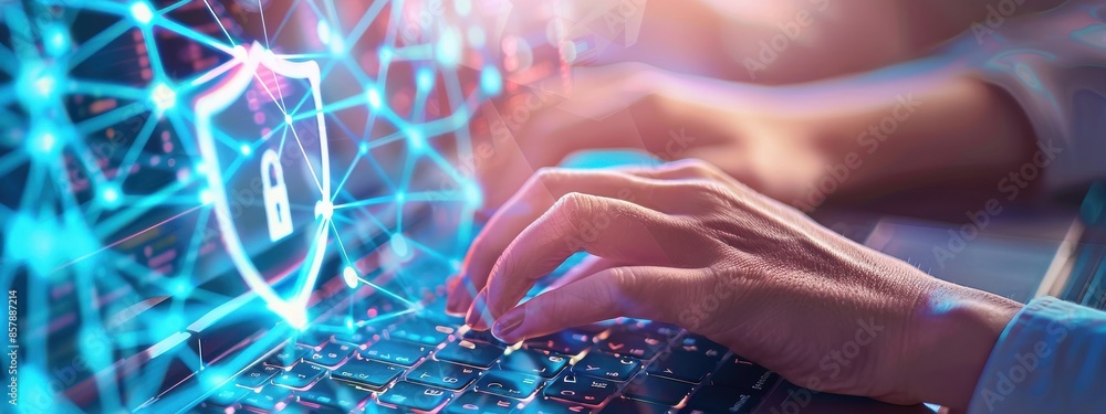 Poster close-up of a professional's hands typing on a keyboard, with a transparent overlay of a shield and 