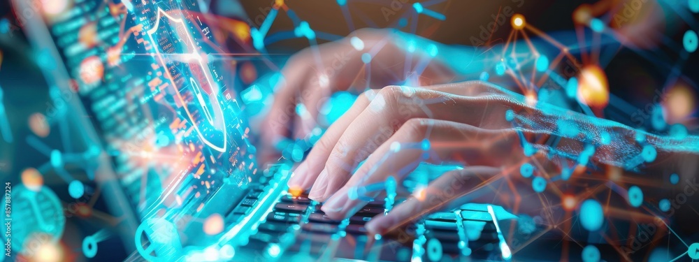 Poster close-up of a professional's hands typing on a keyboard, with a transparent overlay of a shield and 