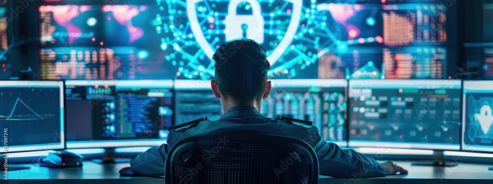 Poster cyber security analyst sitting at a desk, surrounded by multiple monitors displaying real-time secur