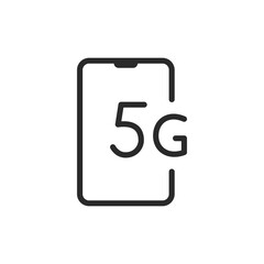 Smartphone with 5G, linear style icon. Next-generation mobile network. Editable stroke width
