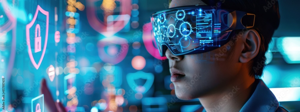 Poster network engineer wearing augmented reality glasses, working on a holographic interface with various 