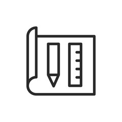 Blueprint, linear style icon. Sheet with pencil and ruler. Editable stroke width