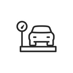 Vehicle weighing, linear style icon. Car on scales. At the border. Editable stroke width