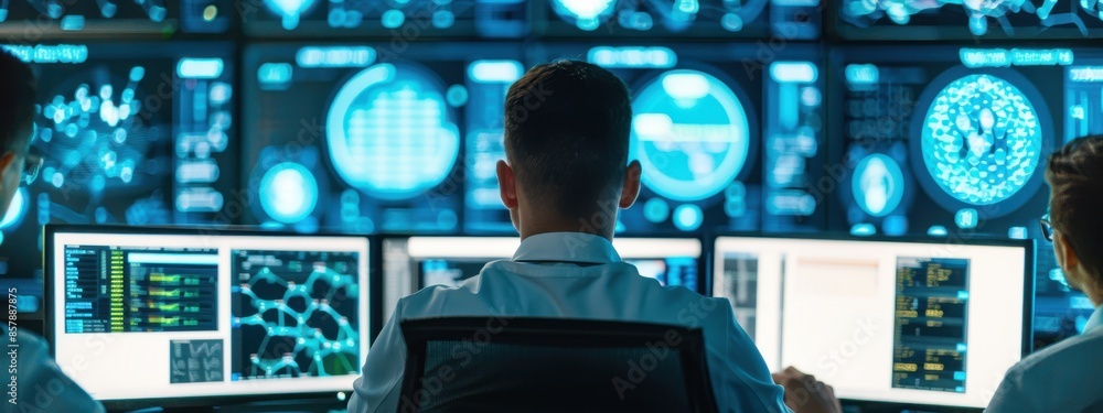 Poster team of cybersecurity experts analyzing data on multiple screens in a high-tech command center