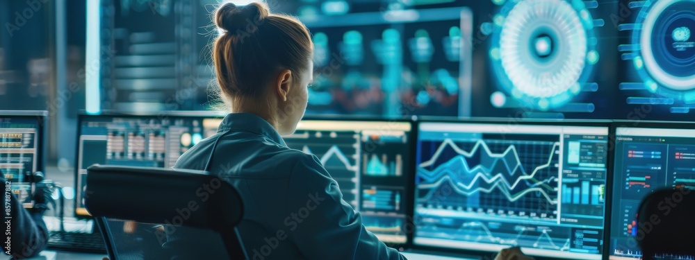 Poster team of cybersecurity experts analyzing data on multiple screens in a high-tech command center