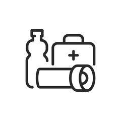 Emergency kit, linear style icon. A collection of emergency supplies including a water bottle, flashlight, and first aid kit, preparedness for emergencies. Editable stroke width.