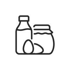 Farm products, linear style icon. Various farm products like eggs, milk, and preserves, agricultural produce. Editable stroke width.
