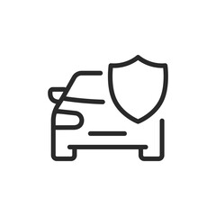 Car with shield, linear style icon. vehicle security and protection. Editable stroke width.