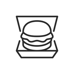 Burger in a box, linear style icon. A burger in an open box, food delivery and takeaway services. Editable stroke width.