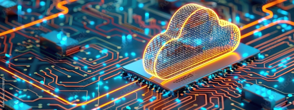 Poster a 3d render featuring a cloud icon made of digital particles, glowing brightly on a mainboard with d