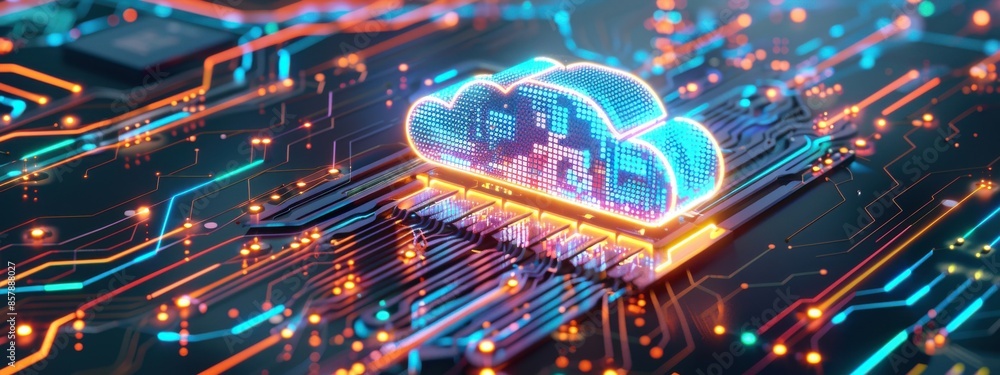 Poster a 3d render featuring a cloud icon made of digital particles, glowing brightly on a mainboard with d