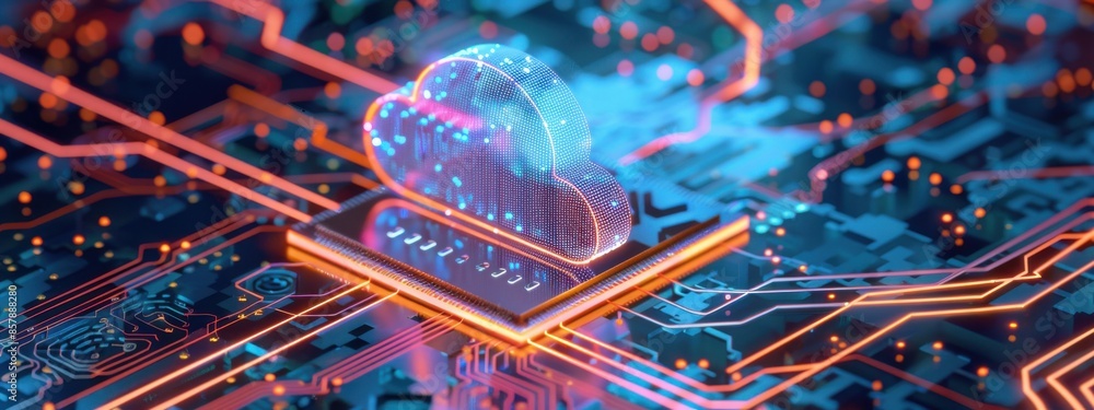 Poster a 3d render of a translucent, glowing cloud icon floating above a mainboard