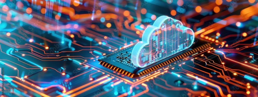 Aufkleber a 3d render of a translucent, glowing cloud icon floating above a mainboard