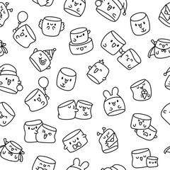 Kawaii marshmallow cute face character. Seamless pattern. Coloring Page. Cartoon happy food. Hand drawn style. Vector drawing. Design ornaments.
