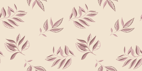 Fototapeta premium Pastel beige seamless pattern with abstract shape branches leaves. Creative tropical plants print on a light background. Vector hand drawing sketch. Design for fashion, fabric and textiles