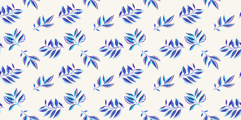 Blue abstract shape branches leaves scattered randomly on a seamless pattern. Creative tiny tropical leaf stems print on a light background. Vector hand drawing sketch. Design for fashion, fabric