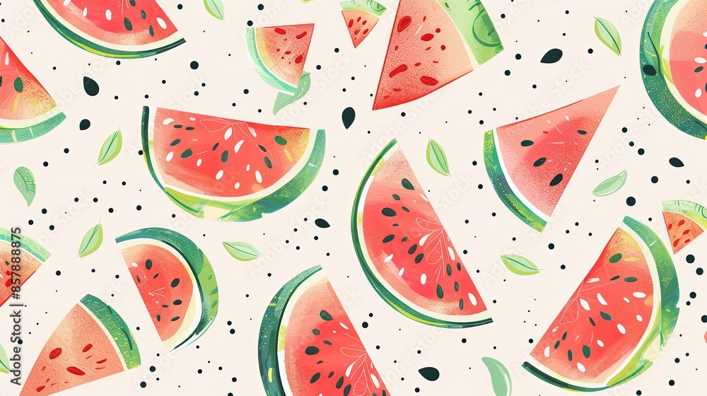 Aufkleber A digital illustration of a seamless pattern of watermelon slices with black seeds on a light background. Generative AI