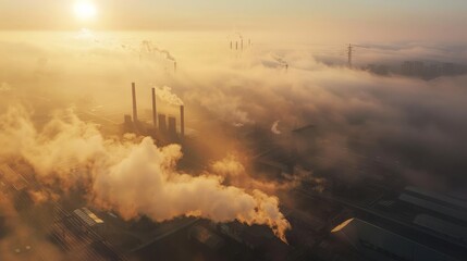 Fototapeta premium Industrial landscape at dawn with thick smog enveloping the area, shot from above
