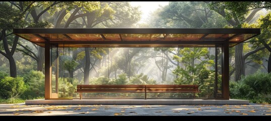Empty Bus Stop in Park with Trees and Glass Roof