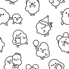 Cute popcorn character in different poses. Seamless pattern. Coloring Page. Funny cartoon food. Hand drawn style. Vector drawing. Design ornaments.