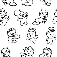 Cute baby girl. Seamless pattern. Coloring Page. Cartoon little newborn character. Hand style. Vector drawing. Design ornaments.