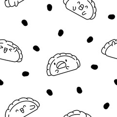 Cute kawaii dumpling. Seamless pattern. Coloring Page. Cartoon Chinese food characters. Hand drawn style. Vector drawing. Design ornaments.