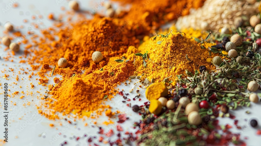 Poster Close-up view of colorful turmeric, coriander, and paprika spices on a white surface, creating a visually appealing composition with vibrant colors and textures. Generative AI