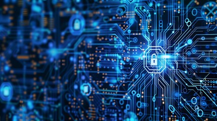 Fototapeta premium Cyber security and protection of private information and data concept: Illustrates locks on a blue integrated circuit, symbolizing a firewall defending against hacker attacks