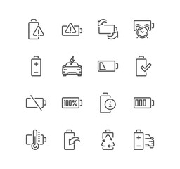 Set of battery related icons, rcycle, phone charging, battery life, car charge station, battery warning and linear variety vectors.
