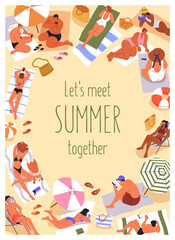 Obraz premium Summer poster. Beach holiday, framed card design. Tourists recreation on sand backgroundSea resort chill. People relaxing, sunbathing on coast on vacation. Vertical format.Flat vector illustration