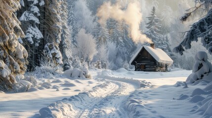 A winding path through a snow-covered forest, leading towards a quaint cabin with smoke rising from the chimney