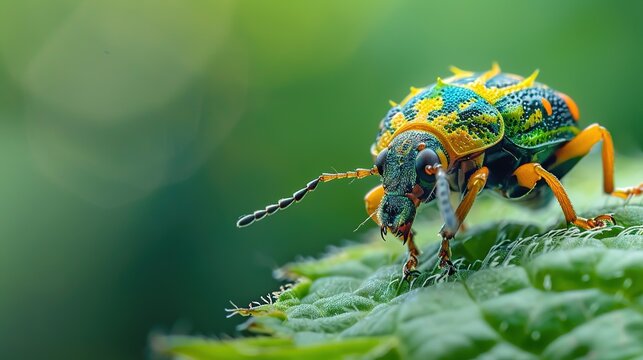Colourful baby bugs Chrysocoris stollii on greens leaves from macro photography with blurry backgrounds