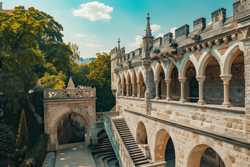 Photo of a medieval castle in Budapest, view from the top tower with arches and stairs leading to other parts of the palace