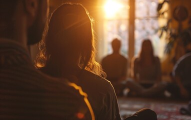 A group of individuals in a peer support meeting, close up, focus on, community support, ethereal, overlay, cozy room backdrop