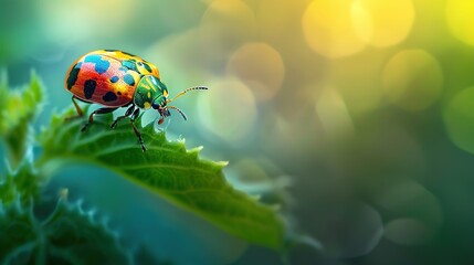 Fototapeta premium Colourful baby bugs Chrysocoris stollii on greens leaves from macro photography with blurry backgrounds