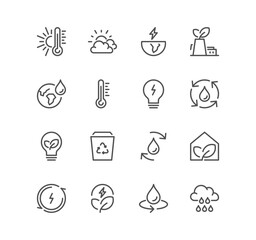 Set of eco related icons, global warming, recycling, sustainability, energy saving, climate change, air pollution and linear variety vectors.
