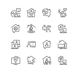Fototapeta premium Set of digital nomad related icons, freelancer, distance job, copywriter, backpack, workplace, holiday, journey, experiences and linear variety vectors. 
