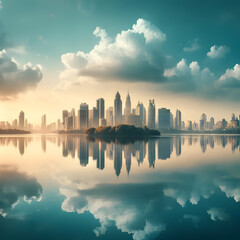 Fototapeta premium Majestic Skyline Reflected in Calm Waters Under Dramatic Sky